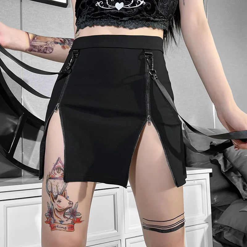 Double Zipper Hip Open Gothic Skirt