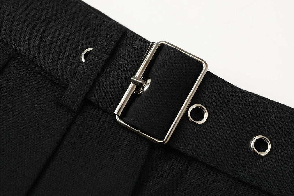 Double Buckle Black Pleated Skirt