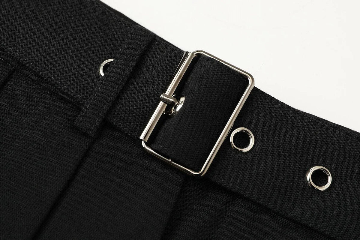 Double Buckle Black Pleated Skirt