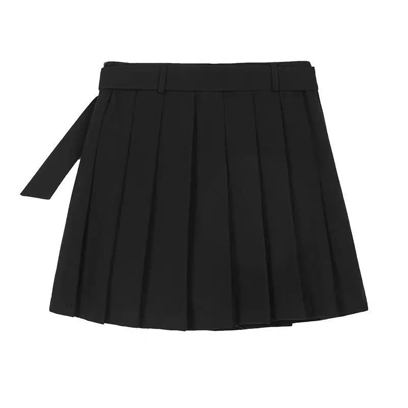 Double Buckle Black Pleated Skirt