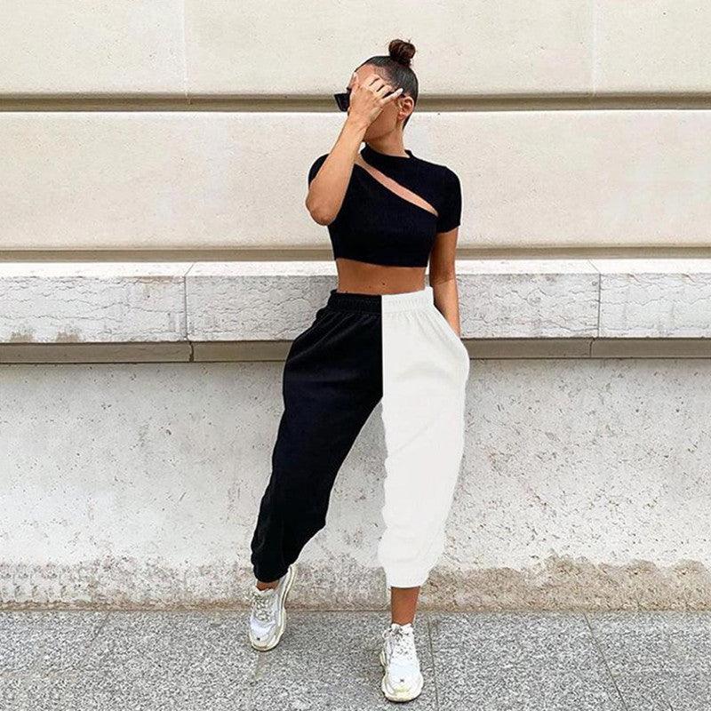 Black and White Contrast High Waist Casual Pants