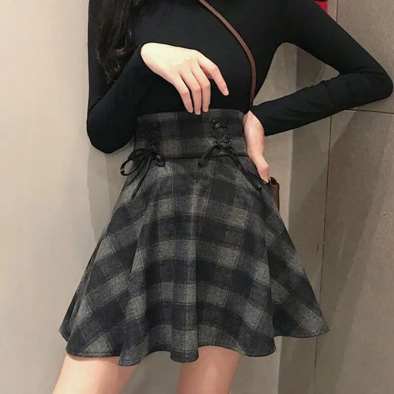 High Waist Plaid Lace Up Skirt Brigitte