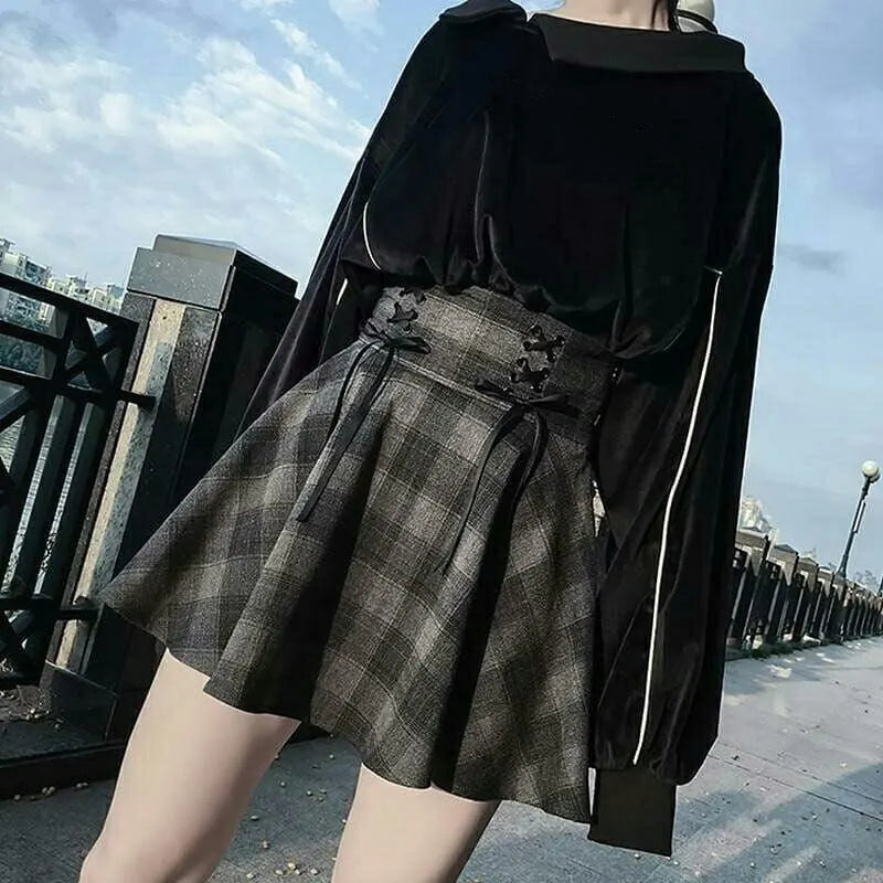 High Waist Plaid Lace Up Skirt Brigitte