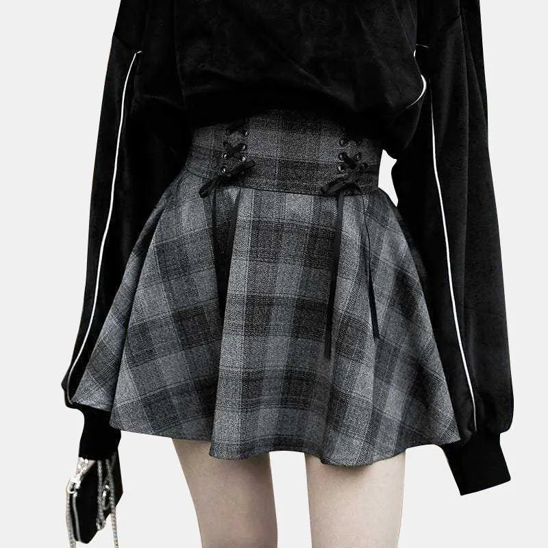 High Waist Plaid Lace Up Skirt Brigitte