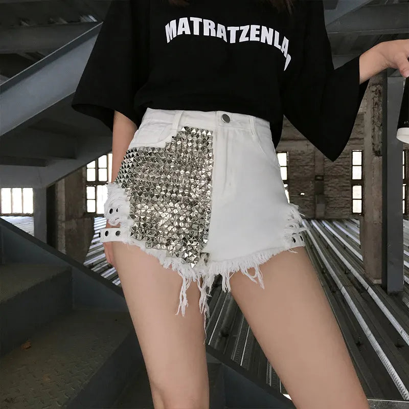 Goth High Waisted Rivets Denim Shorts