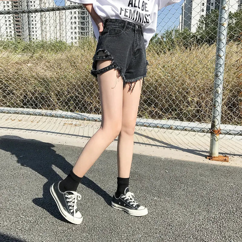 Goth High Waisted Rivets Denim Shorts