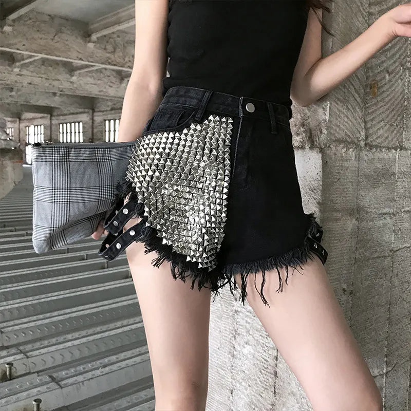 Goth High Waisted Rivets Denim Shorts