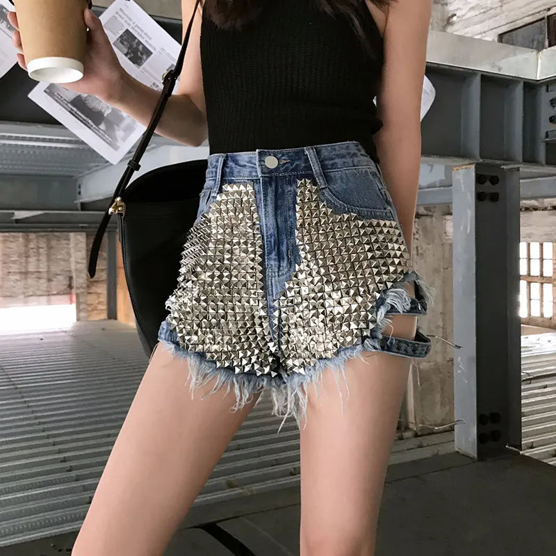Goth High Waisted Rivets Denim Shorts