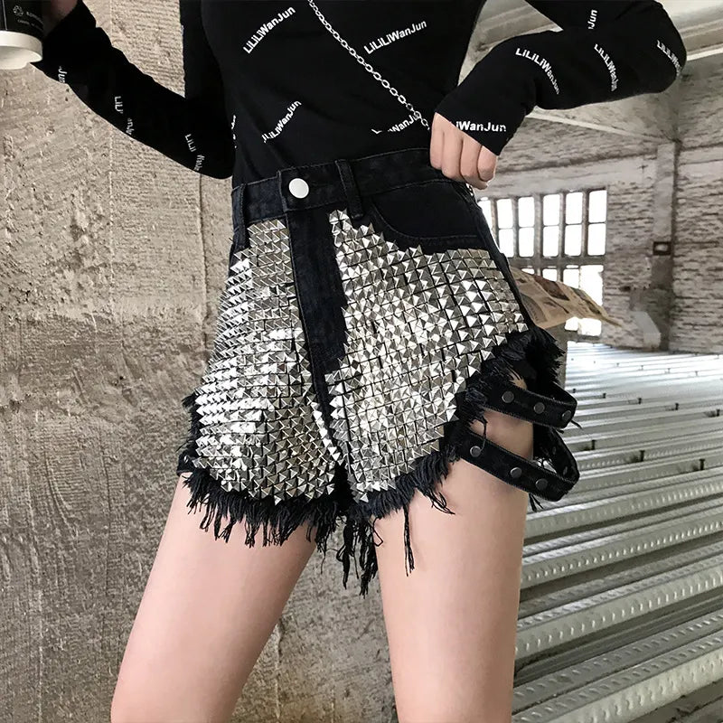 Goth High Waisted Rivets Denim Shorts