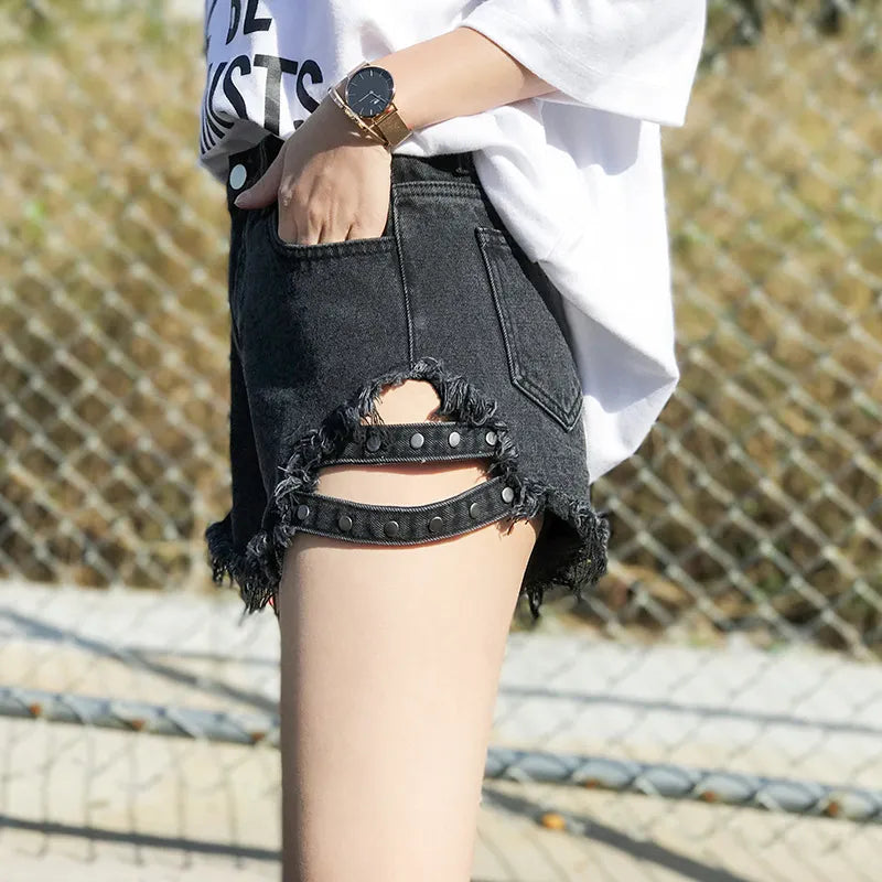 Goth High Waisted Rivets Denim Shorts