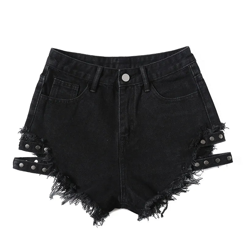 Goth High Waisted Rivets Denim Shorts