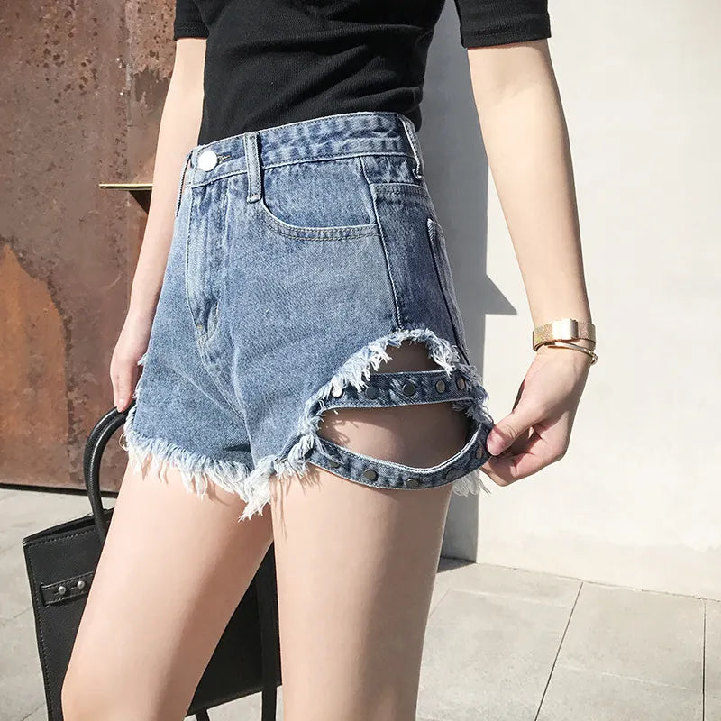 Goth High Waisted Rivets Denim Shorts