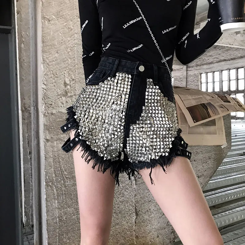 Goth High Waisted Rivets Denim Shorts