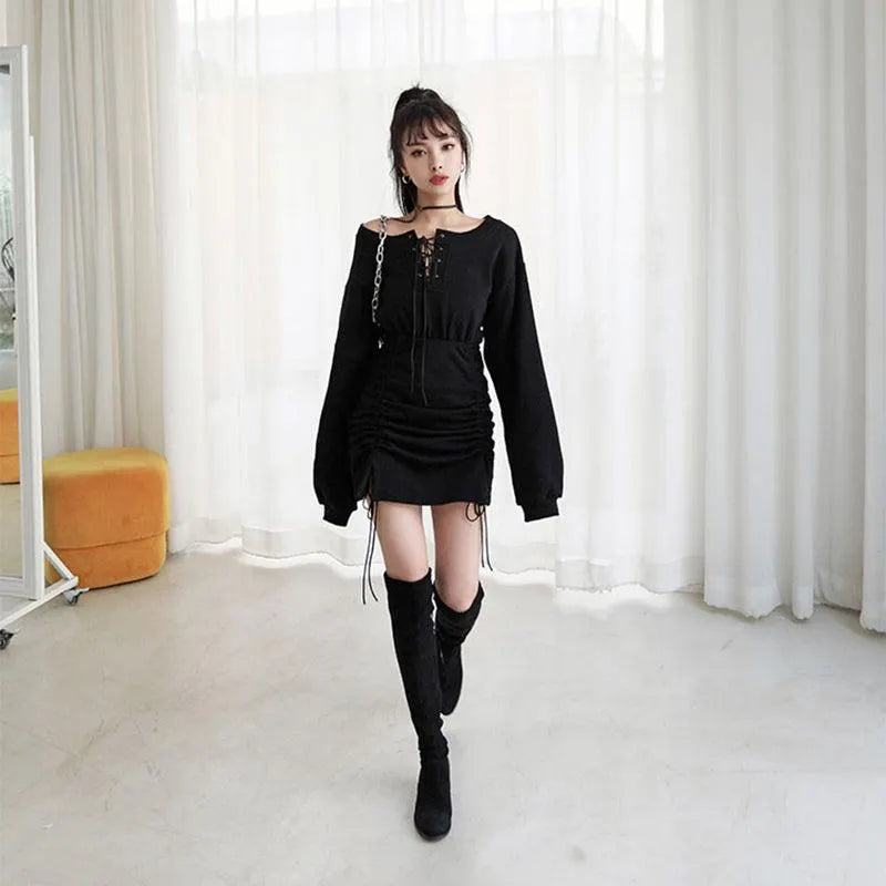 Lace Up Off Shoulder Hoodie Dress