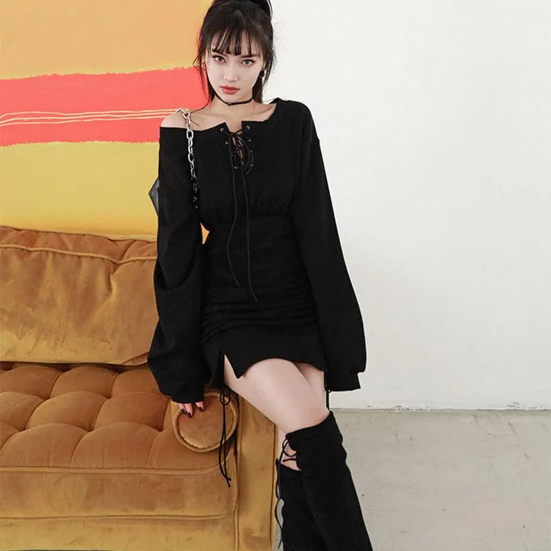 Lace Up Off Shoulder Hoodie Dress