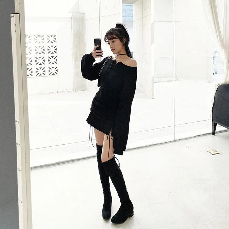 Lace Up Off Shoulder Hoodie Dress