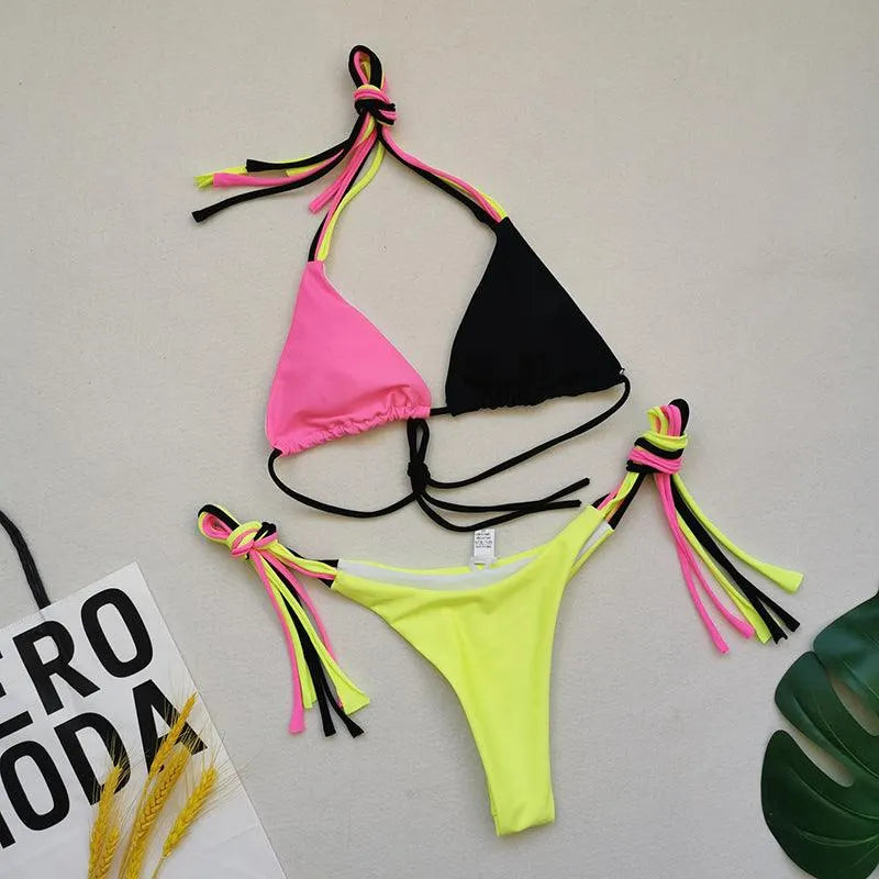 Multi Color Stitching Bikini Swimsuit