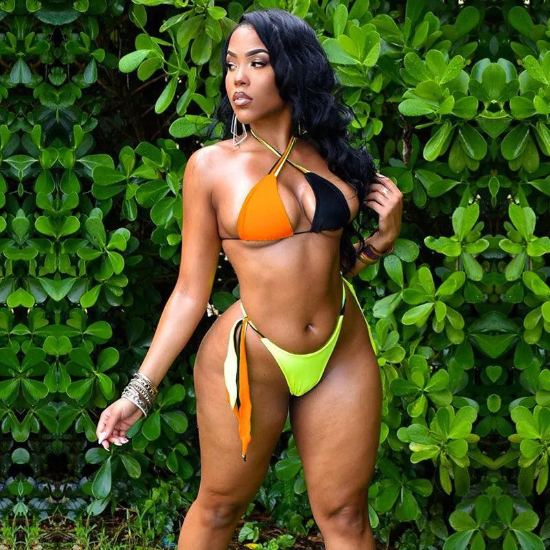 Multi Color Stitching Bikini Swimsuit