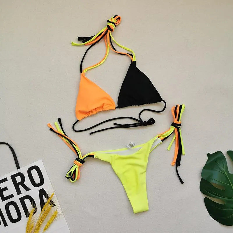 Multi Color Stitching Bikini Swimsuit
