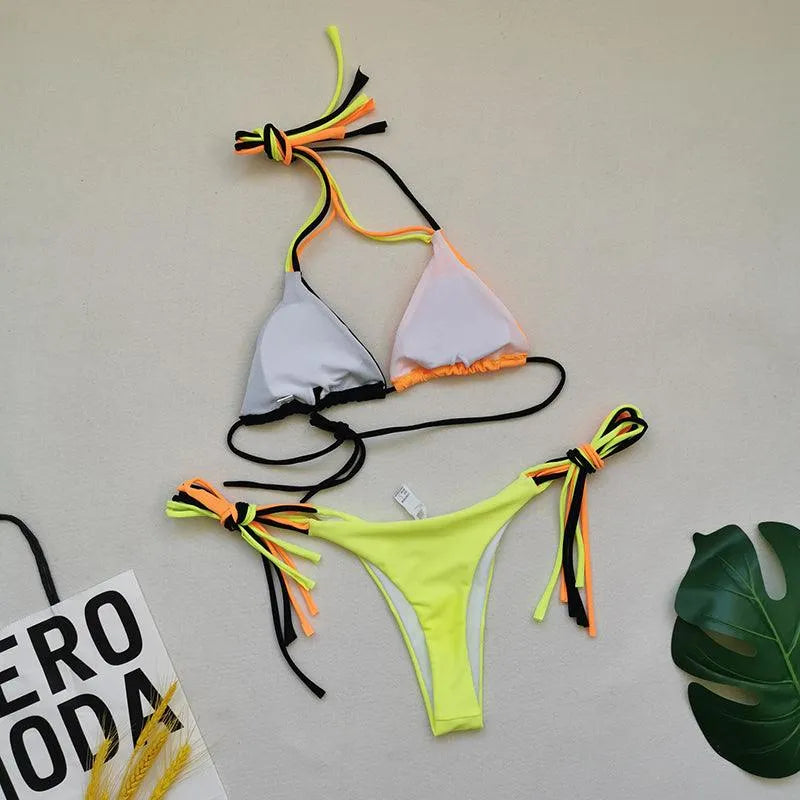 Multi Color Stitching Bikini Swimsuit