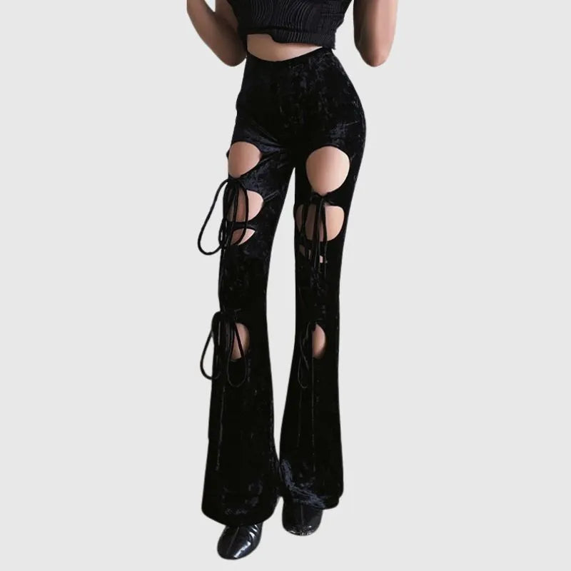 Velvet Hollow Out Lace-up Flared Pants