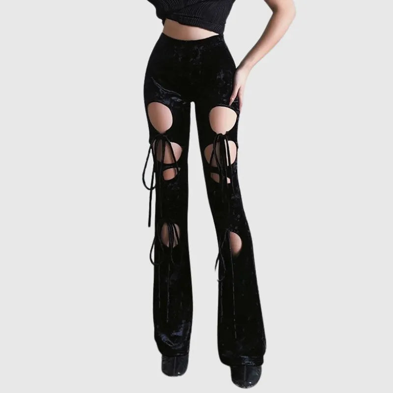 Velvet Hollow Out Lace-up Flared Pants