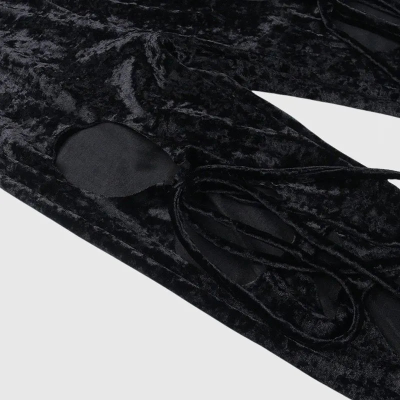 Velvet Hollow Out Lace-up Flared Pants