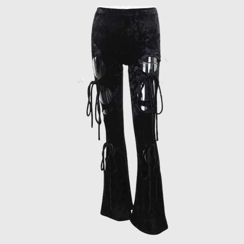 Velvet Hollow Out Lace-up Flared Pants