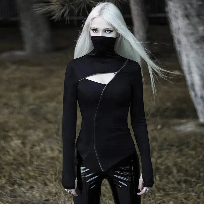 Long Sleeve Stand-Up Collar Zipper Top