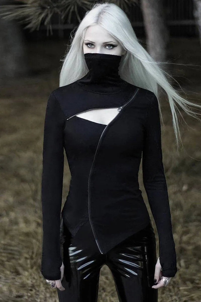 Long Sleeve Stand-Up Collar Zipper Top