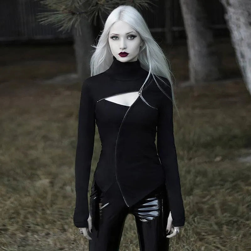 Long Sleeve Stand-Up Collar Zipper Top