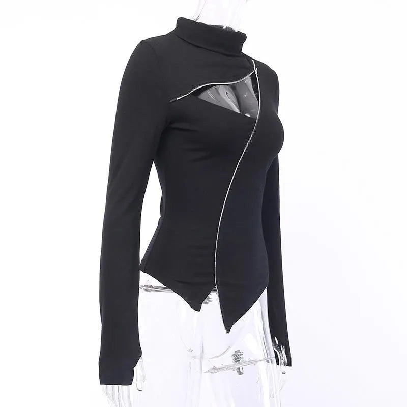 Long Sleeve Stand-Up Collar Zipper Top