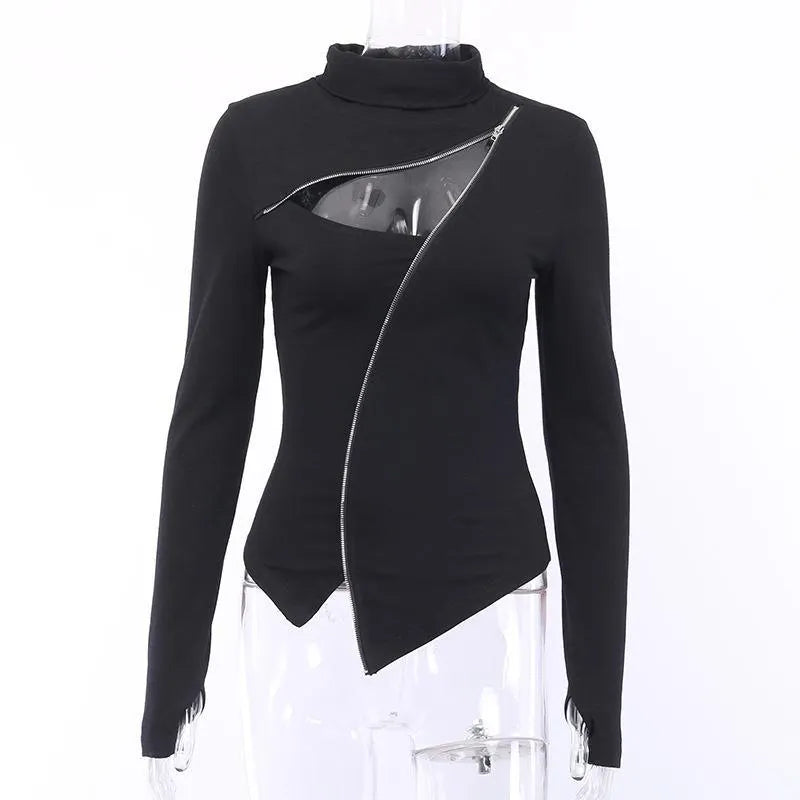 Long Sleeve Stand-Up Collar Zipper Top
