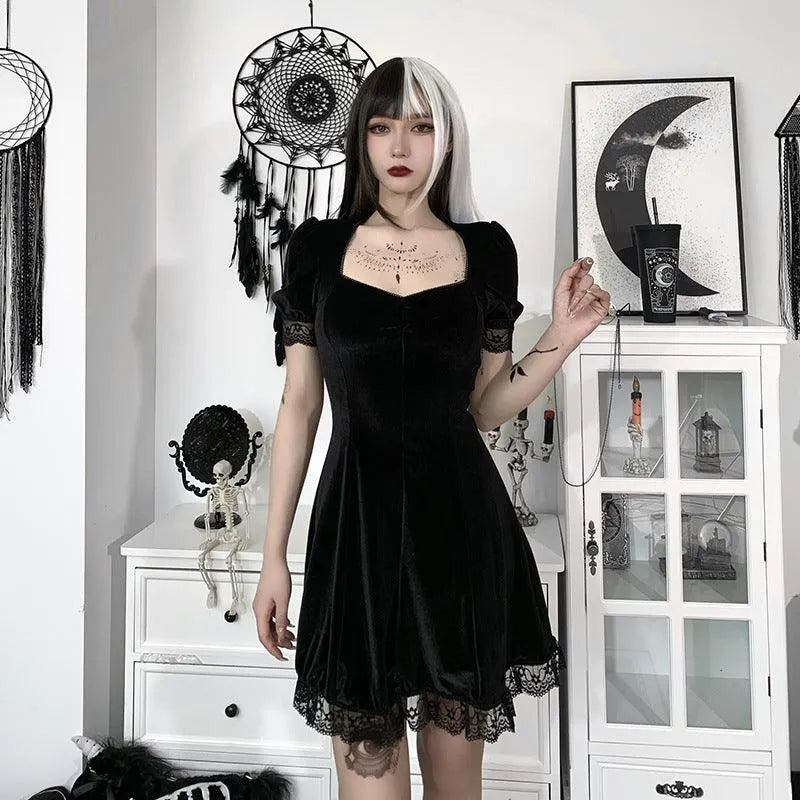 Puff Sleeve Lace Square Neck Velvet Dress