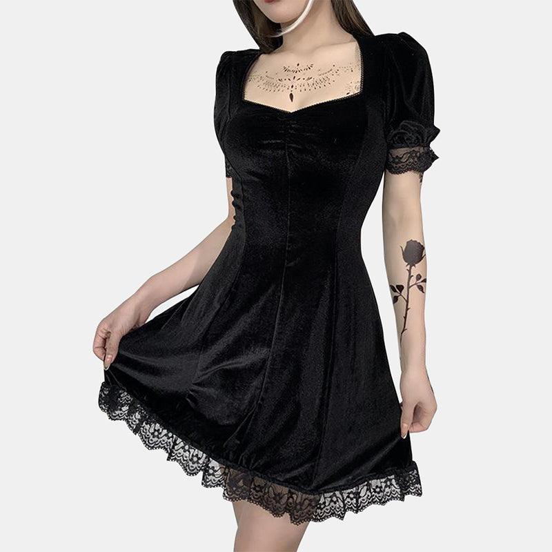 Puff Sleeve Lace Square Neck Velvet Dress