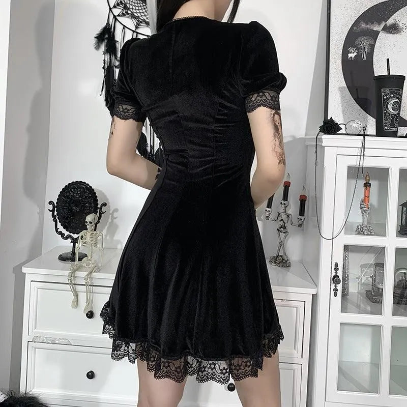 Puff Sleeve Lace Square Neck Velvet Dress