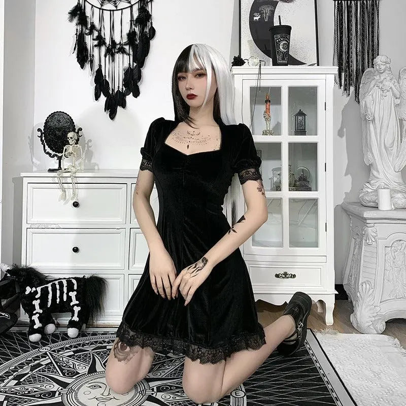 Puff Sleeve Lace Square Neck Velvet Dress
