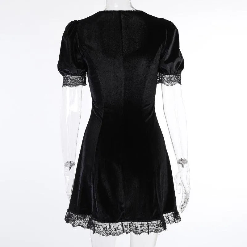 Puff Sleeve Lace Square Neck Velvet Dress