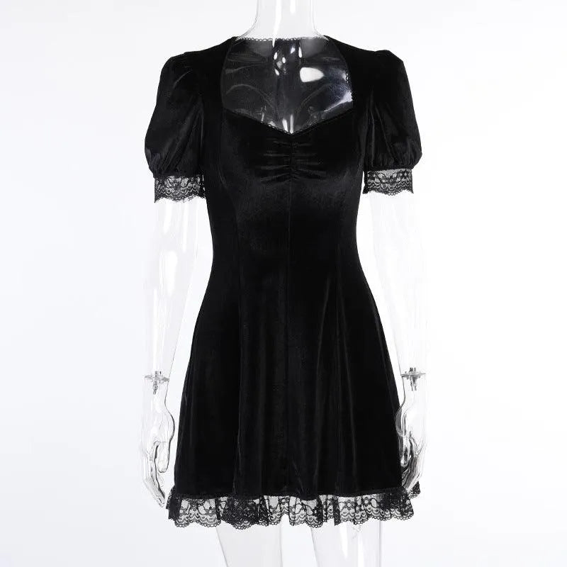 Puff Sleeve Lace Square Neck Velvet Dress