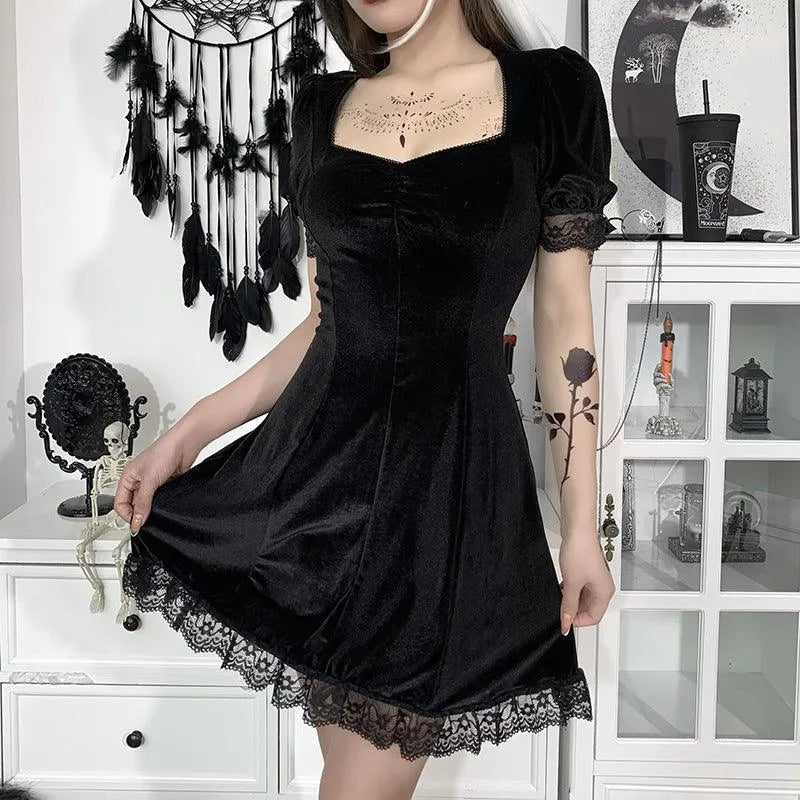 Puff Sleeve Lace Square Neck Velvet Dress