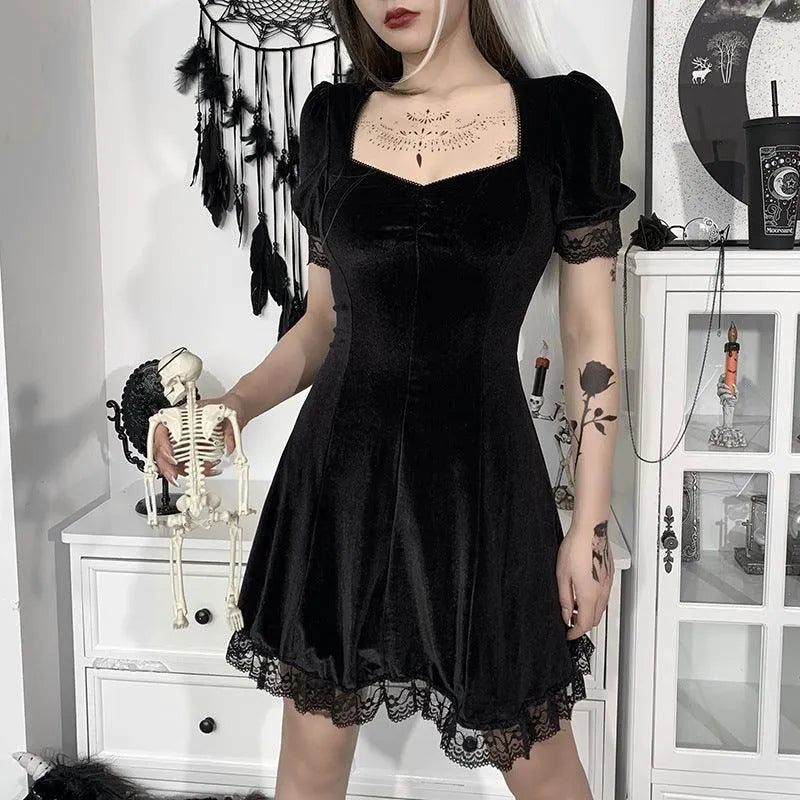 Puff Sleeve Lace Square Neck Velvet Dress