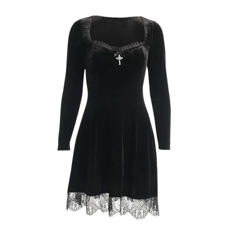 Puff Sleeve Lace Square Neck Velvet Dress