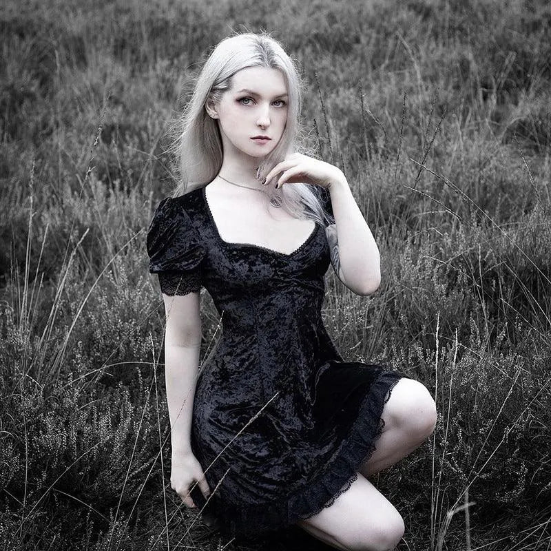 Puff Sleeve Lace Square Neck Velvet Dress