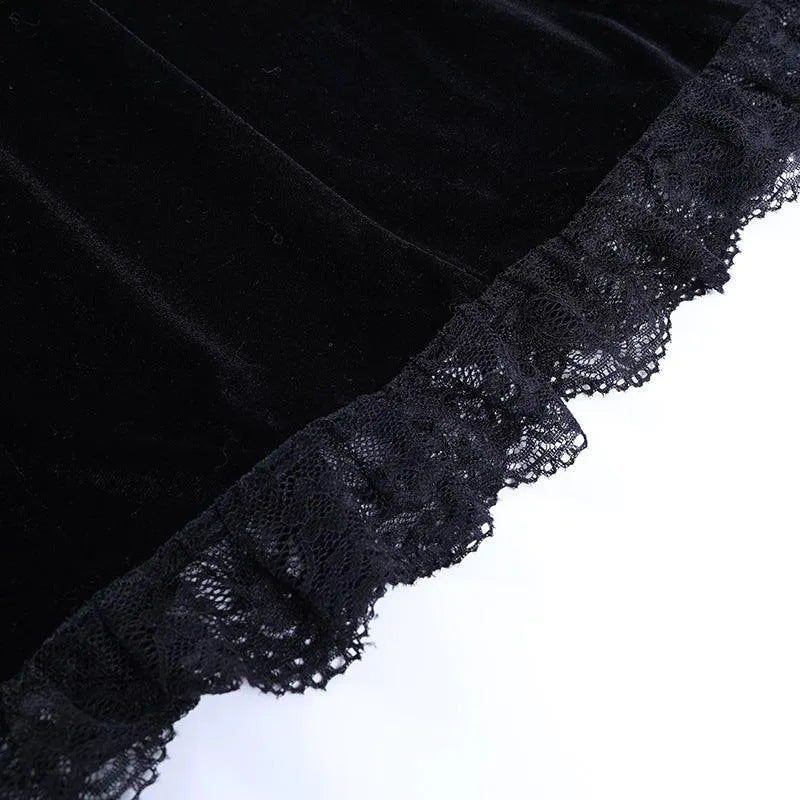Puff Sleeve Lace Square Neck Velvet Dress