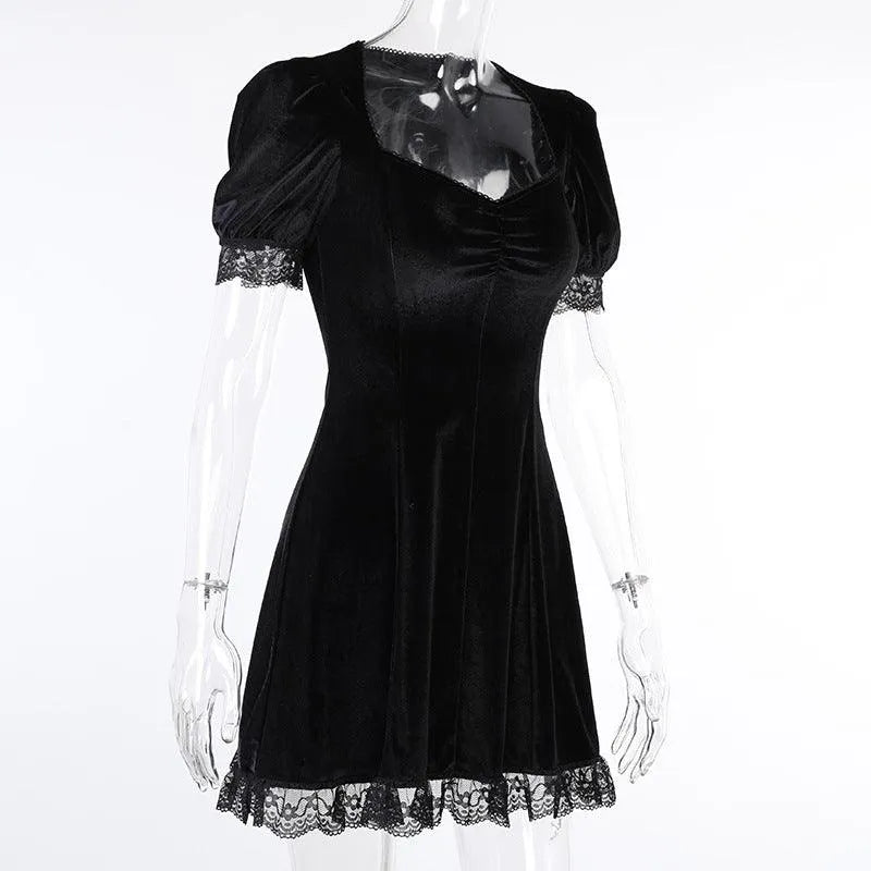 Puff Sleeve Lace Square Neck Velvet Dress