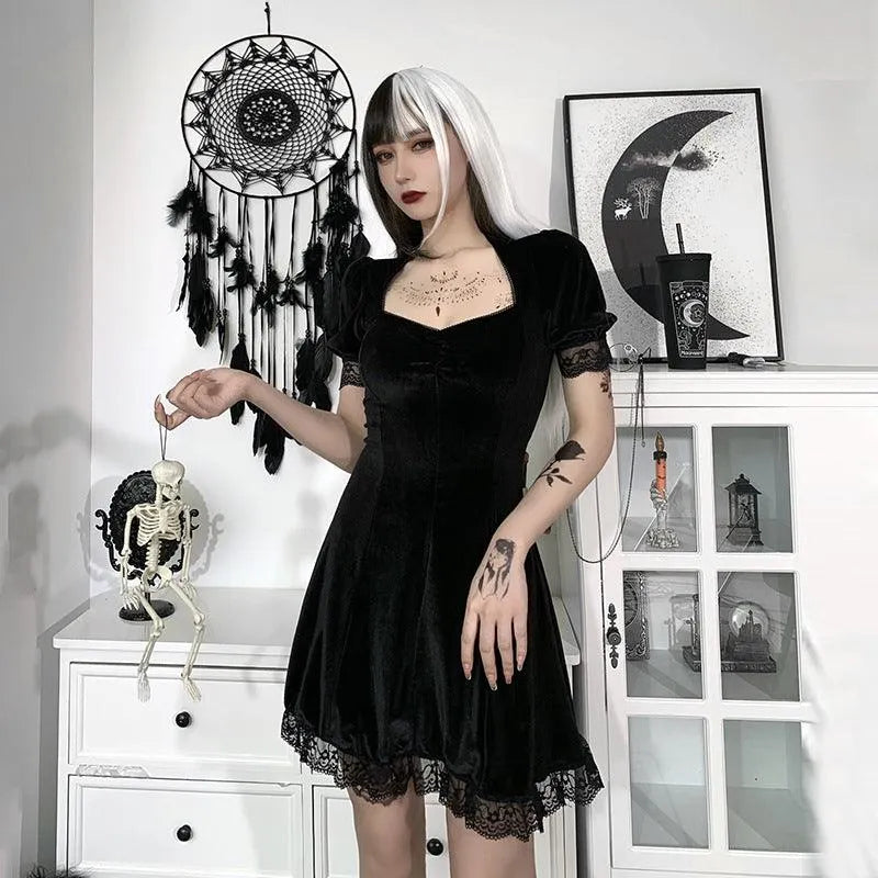 Puff Sleeve Lace Square Neck Velvet Dress