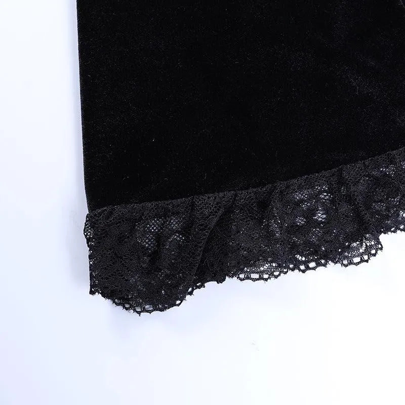 Puff Sleeve Lace Square Neck Velvet Dress