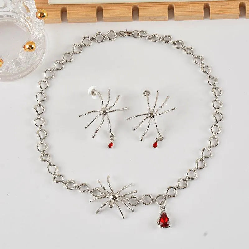 Spider Shaped Blood Drop Pendant Necklace and Earrings
