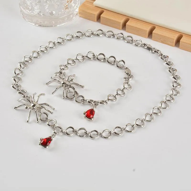 Spider Shaped Blood Drop Pendant Necklace and Earrings