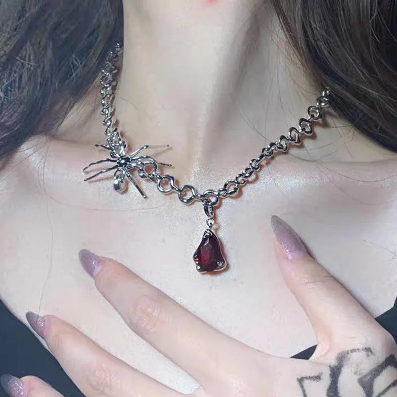 Spider Shaped Blood Drop Pendant Necklace and Earrings